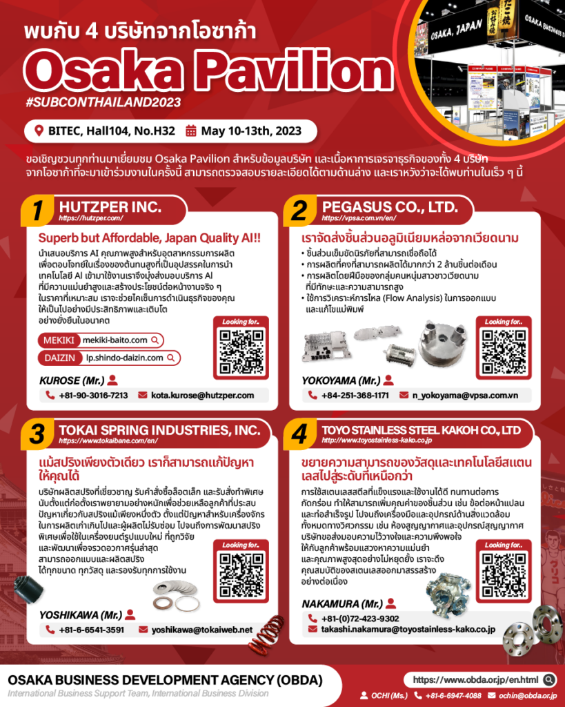ขอเชิญเข้าร่วมชมบูธ Osaka Pavilion ในงาน “SUBCON THAILAND 2023”